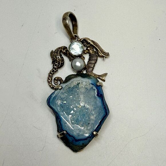 Sterling Silver Blue Agate Druzy Topaz Mermaid Seahorse Pendant Rare 20.63g - Picture 9 of 10